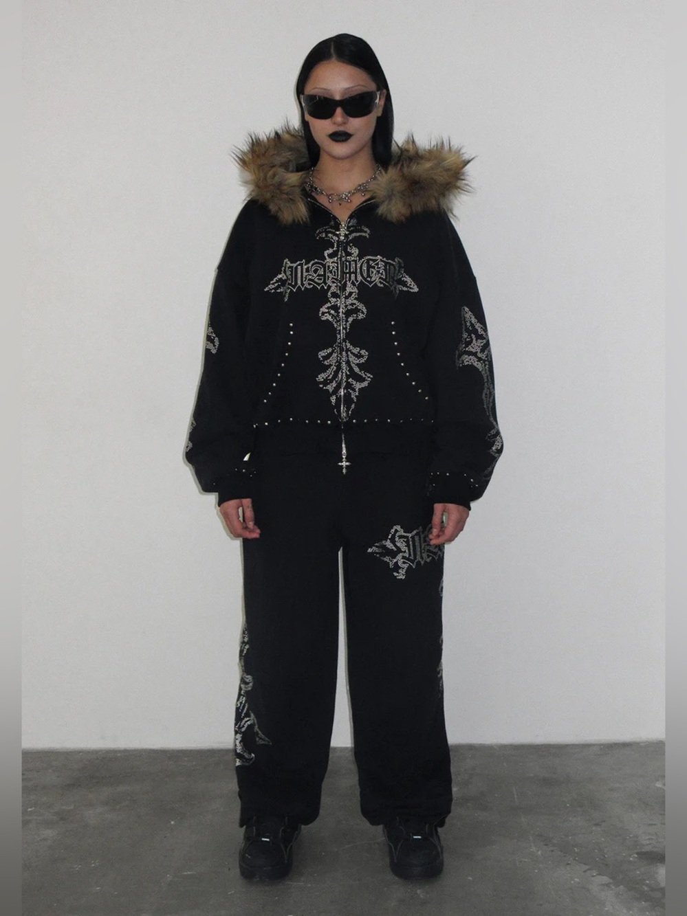 Named Collective Feral Faux Fur Studded Hoodie & Sweatpants Sweatsuit Set - S/M
